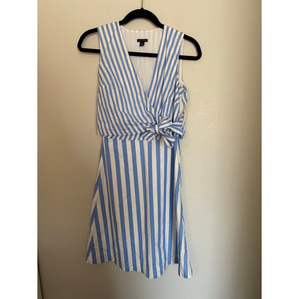 Ann Taylor Striped Poplin Wrap Dress, Blue White Women's Size 0 95% Cotton - Picture 3 of 9